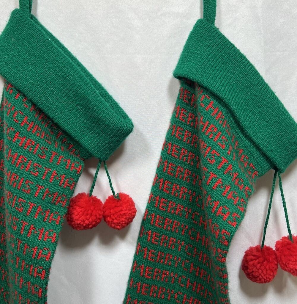 Vintage Set of 2 Kurt S Adler Merry Christmas Stockings Red Green Poms 27” 1982